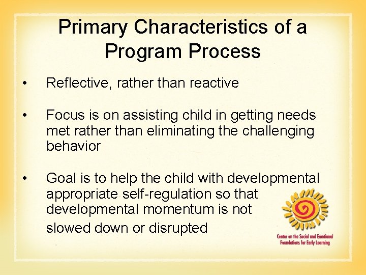 Primary Characteristics of a Program Process • Reflective, rather than reactive • Focus is
