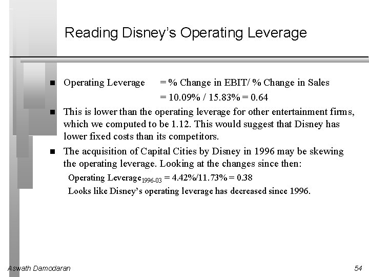 Reading Disney’s Operating Leverage = % Change in EBIT/ % Change in Sales =