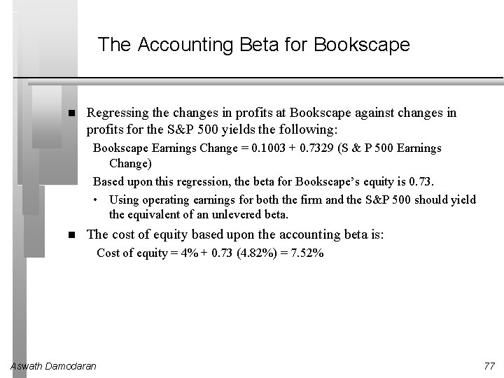 The Accounting Beta for Bookscape Regressing the changes in profits at Bookscape against changes