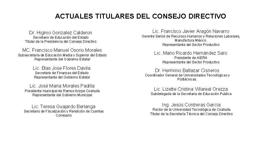 ACTUALES TITULARES DEL CONSEJO DIRECTIVO Dr. Higinio Gonzalez Calderon Secretario de Educación del Estado