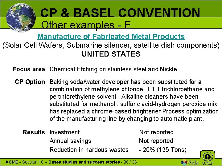 CP & BASEL CONVENTION Other examples - E Manufacture of Fabricated Metal Products (Solar