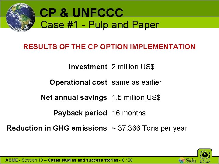 CP & UNFCCC Case #1 - Pulp and Paper RESULTS OF THE CP OPTION