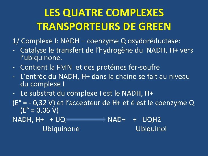 LES QUATRE COMPLEXES TRANSPORTEURS DE GREEN 1/ Complexe I: NADH – coenzyme Q oxydoréductase: