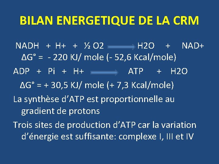 BILAN ENERGETIQUE DE LA CRM NADH + H+ + ½ O 2 H 2