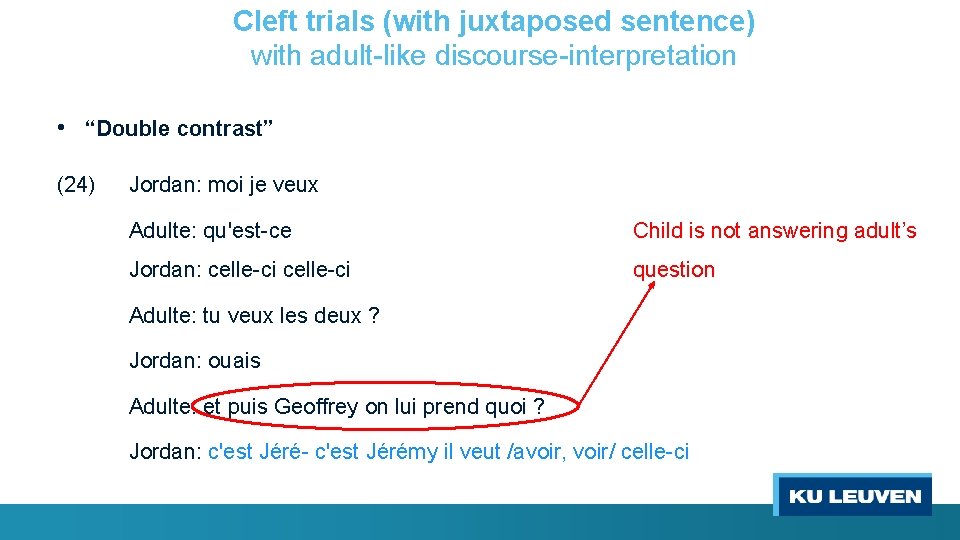 Cleft trials (with juxtaposed sentence) with adult-like discourse-interpretation • “Double contrast” (24) Jordan: moi