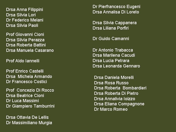 Drsa Anna Filippini Drsa Silvia Lori Dr Federico Melani Drsa Silvia Paoli Prof Giovanni