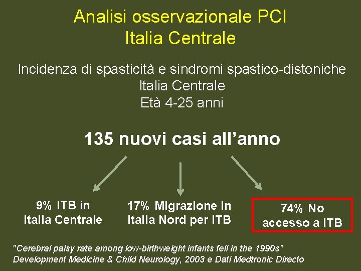 Analisi osservazionale PCI Italia Centrale Incidenza di spasticità e sindromi spastico-distoniche Italia Centrale Età