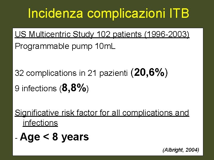 Incidenza complicazioni ITB US Multicentric Study 102 patients (1996 -2003) Programmable pump 10 m.