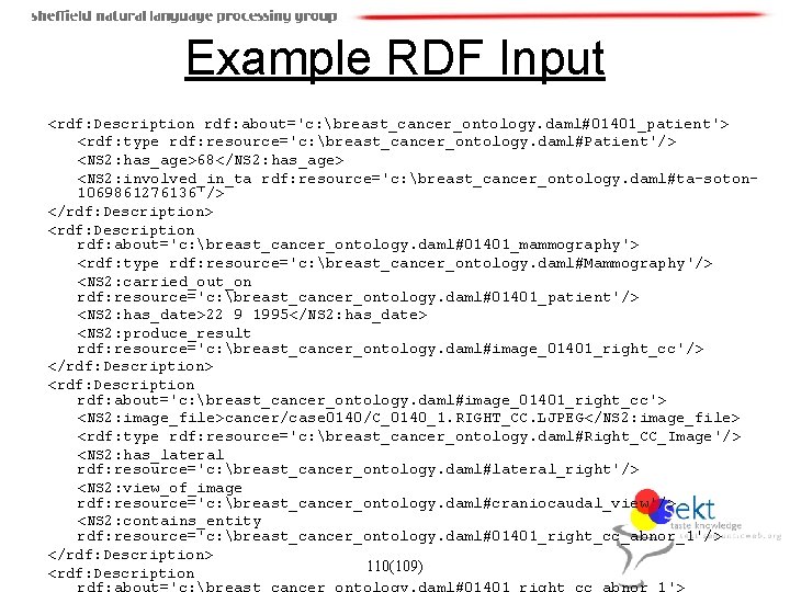 Example RDF Input <rdf: Description rdf: about='c: breast_cancer_ontology. daml#01401_patient'> <rdf: type rdf: resource='c: breast_cancer_ontology.