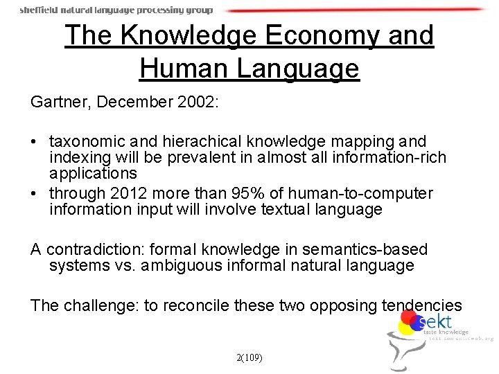 The Knowledge Economy and Human Language Gartner, December 2002: • taxonomic and hierachical knowledge