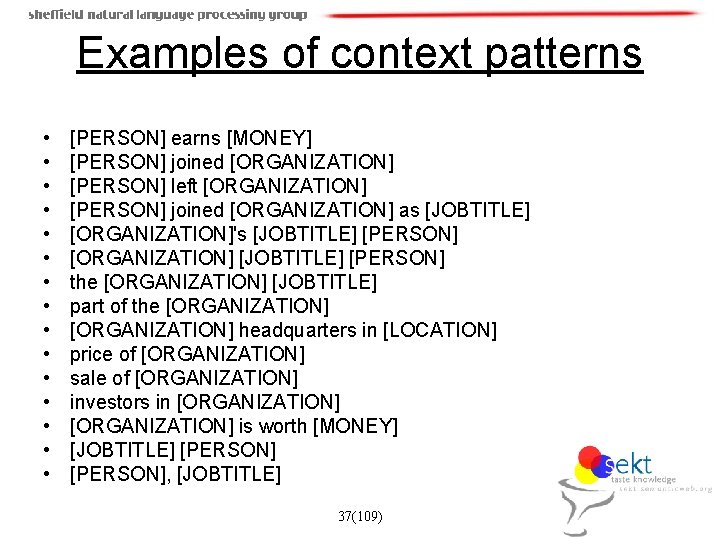 Examples of context patterns • • • • [PERSON] earns [MONEY] [PERSON] joined [ORGANIZATION]