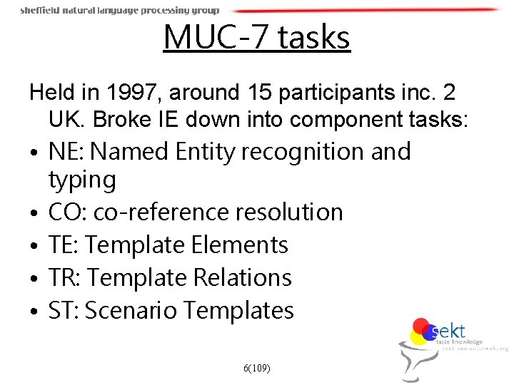MUC-7 tasks Held in 1997, around 15 participants inc. 2 UK. Broke IE down