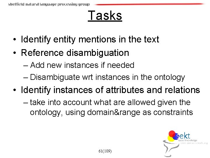 Tasks • Identify entity mentions in the text • Reference disambiguation – Add new