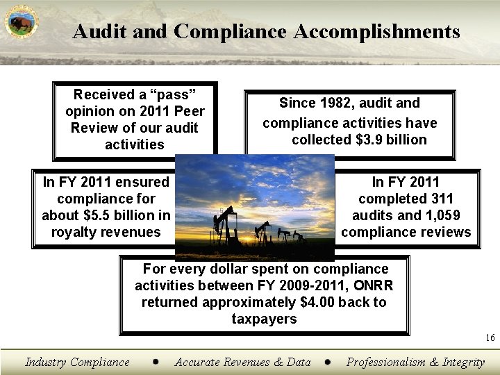 Audit and Compliance Accomplishments Received a “pass” opinion on 2011 Peer Review of our