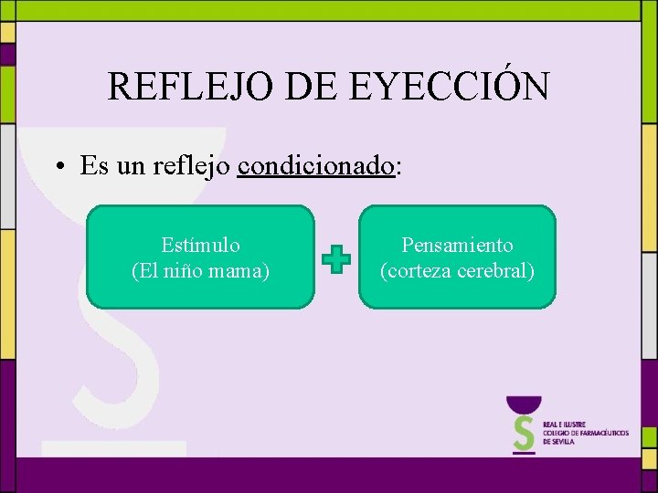 REFLEJO DE EYECCIÓN • Es un reflejo condicionado: Estímulo (El niño mama) Pensamiento (corteza