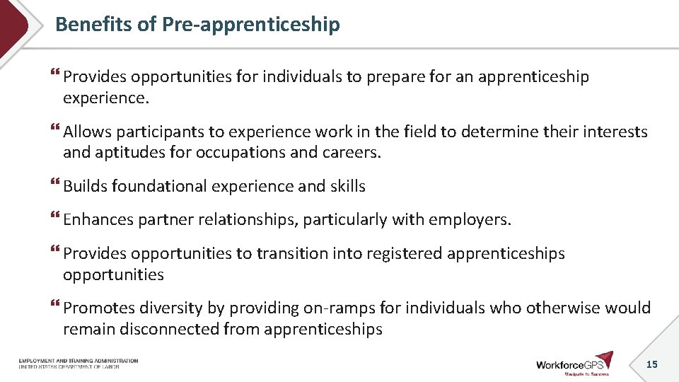 Benefits of Pre-apprenticeship Provides opportunities for individuals to prepare for an apprenticeship experience. Allows