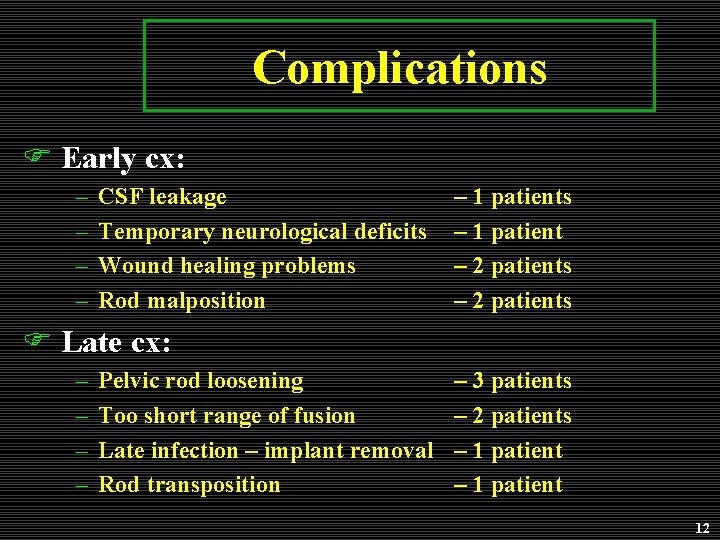 Complications F Early cx: – – CSF leakage Temporary neurological deficits Wound healing problems Complications F Early cx: – – CSF leakage Temporary neurological deficits Wound healing problems