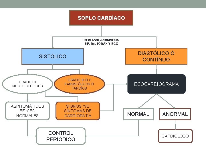 SOPLO CARDÍACO REALIZAR ANAMNESIS EF, Rx. TÓRAX Y ECG DIASTÓLICO Ó CONTÍNUO SISTÓLICO GRADO SOPLO CARDÍACO REALIZAR ANAMNESIS EF, Rx. TÓRAX Y ECG DIASTÓLICO Ó CONTÍNUO SISTÓLICO GRADO
