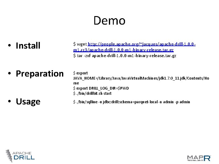 Demo • Install • Preparation • Usage $ wget http: //people. apache. org/~jacques/apache-drill-1. 0. Demo • Install • Preparation • Usage $ wget http: //people. apache. org/~jacques/apache-drill-1. 0.