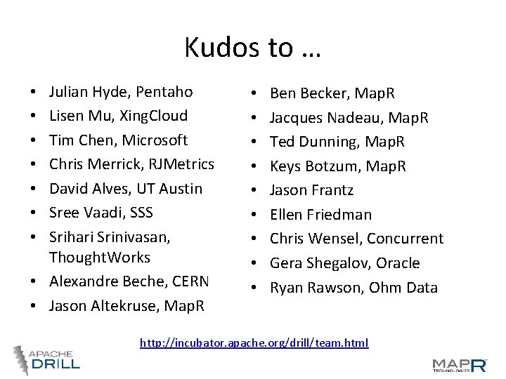 Kudos to … Julian Hyde, Pentaho Lisen Mu, Xing. Cloud Tim Chen, Microsoft Chris Kudos to … Julian Hyde, Pentaho Lisen Mu, Xing. Cloud Tim Chen, Microsoft Chris