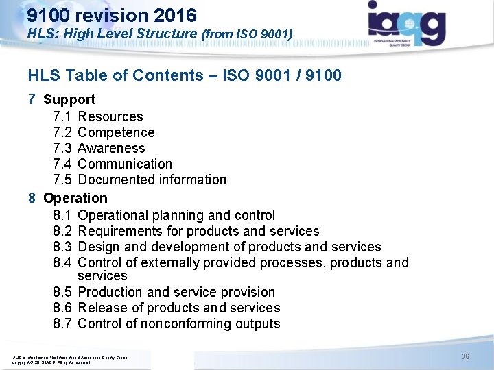 9100 revision 2016 HLS: High Level Structure (from ISO 9001) ISO/TC 176/SC 2/WG 23 9100 revision 2016 HLS: High Level Structure (from ISO 9001) ISO/TC 176/SC 2/WG 23