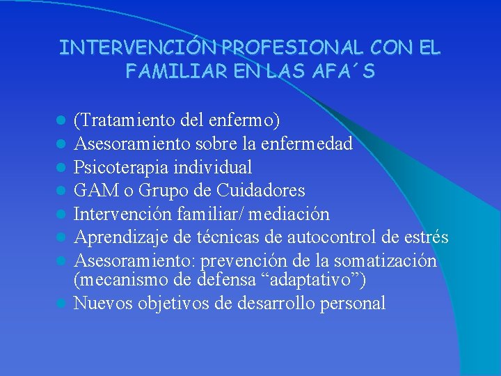 INTERVENCIÓN PROFESIONAL CON EL FAMILIAR EN LAS AFA´S (Tratamiento del enfermo) Asesoramiento sobre la
