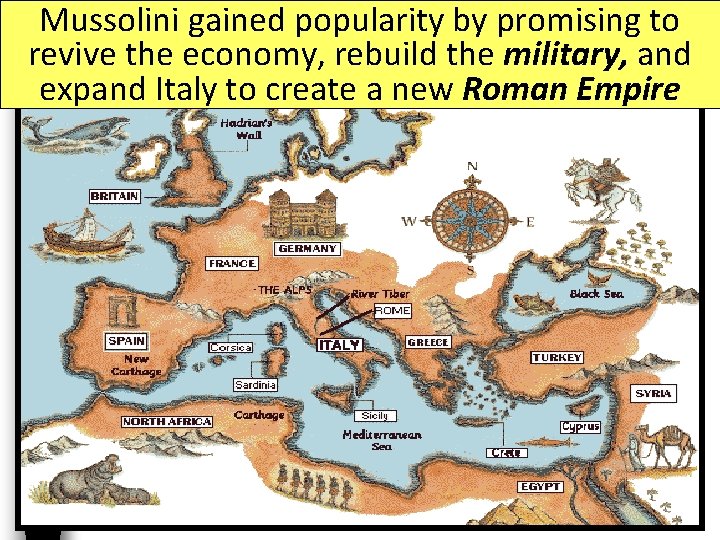 Mussolini gained popularity by promising to revive the economy, rebuild the military, and expand