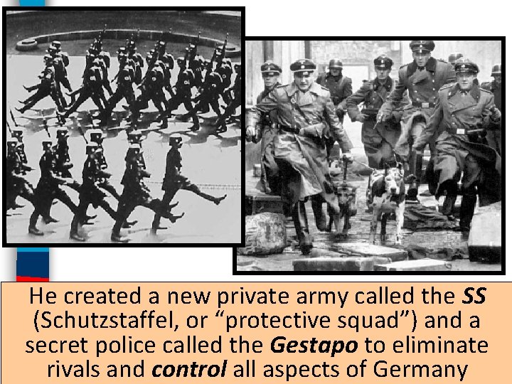 He created a new private army called the SS (Schutzstaffel, or “protective squad”) and