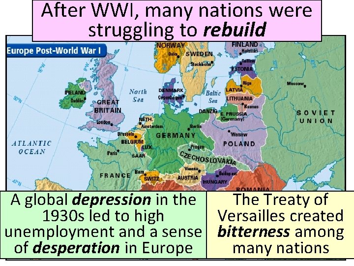 After WWI, many nations were struggling to rebuild A global depression in the Treaty
