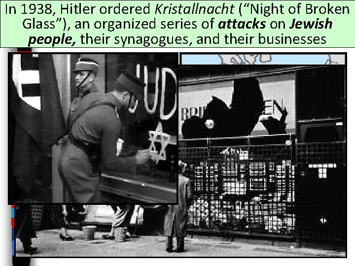 In 1938, Hitler ordered Kristallnacht (“Night of Broken Glass”), an organized series of attacks