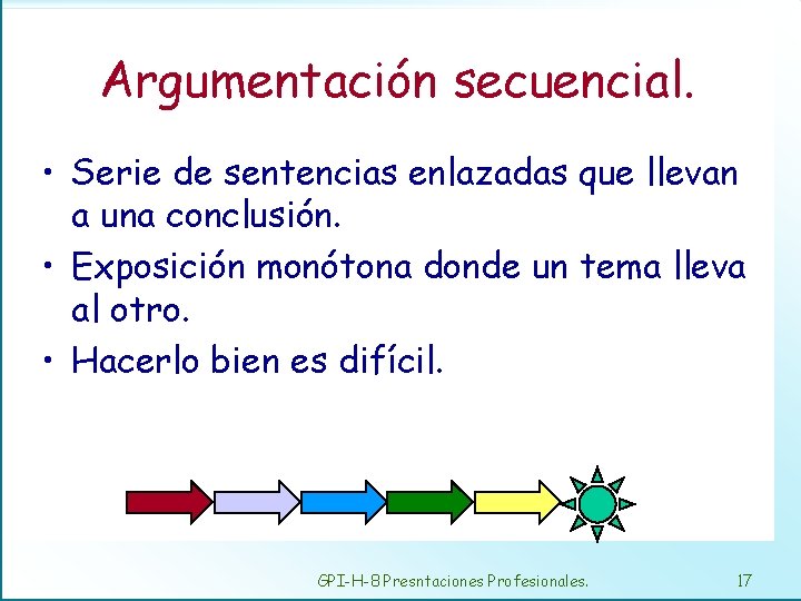 Argumentación secuencial. • Serie de sentencias enlazadas que llevan a una conclusión. • Exposición
