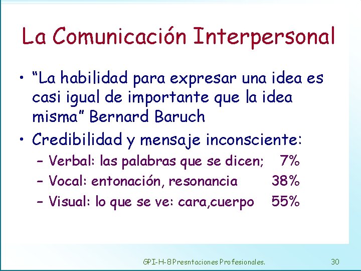 La Comunicación Interpersonal • “La habilidad para expresar una idea es casi igual de
