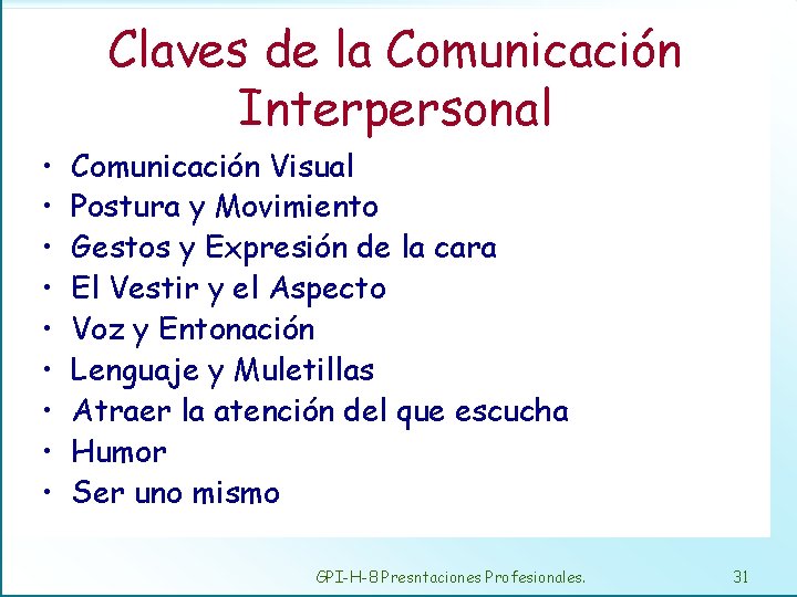 Claves de la Comunicación Interpersonal • • • Comunicación Visual Postura y Movimiento Gestos
