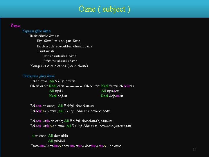 Özne ( subject ) Özne Yapısın göre özne Basit cümle öznesi Bir sözcükten oluşan