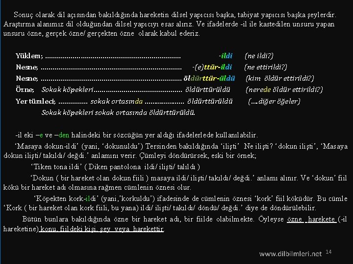  Sonuç olarak dil açısından bakıldığında hareketin dilsel yapıcısı başka, tabiyat yapıcısı başka şeylerdir.