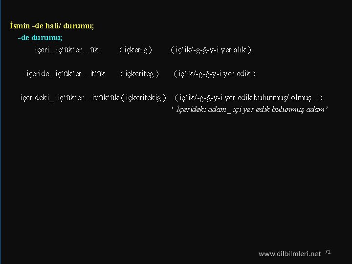  İsmin -de hali/ durumu; -de durumu; içeri_ iç’ük’er…ük ( içkerig ) ( iç’ik/-g-ğ-y-i