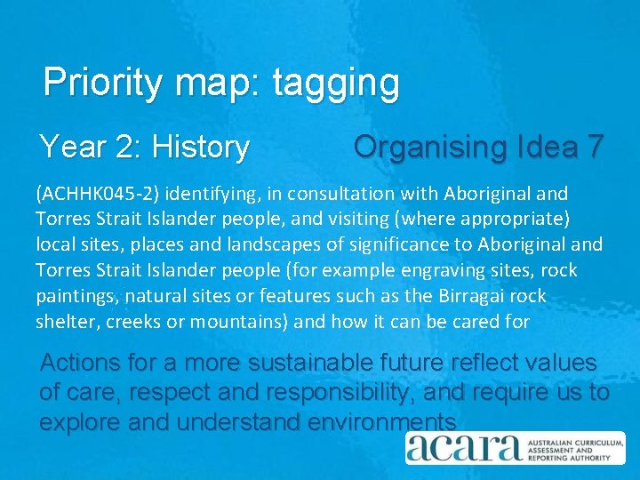 Priority map: tagging Year 2: History Organising Idea 7 (ACHHK 045 -1) discussing why