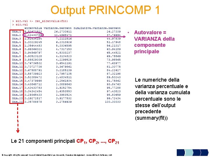 Output PRINCOMP 1 • Autovalore = VARIANZA della componente principale Le numeriche della varianza