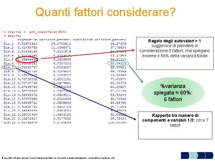 Quanti fattori considerare? Regola degli autovalori > 1 suggerisce di prendere in considerazione 5