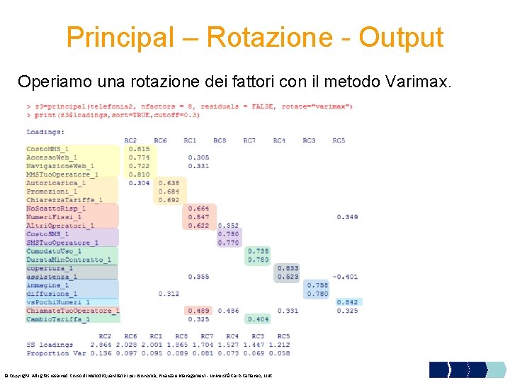 Principal – Rotazione - Output Operiamo una rotazione dei fattori con il metodo Varimax.