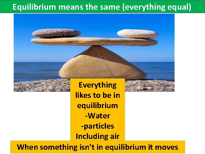 Equilibrium means the same (everything equal) Everything likes to be in equilibrium -Water -particles
