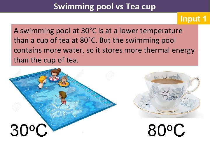 Swimming pool vs Tea cup Input 1 A swimming pool at 30°C is at