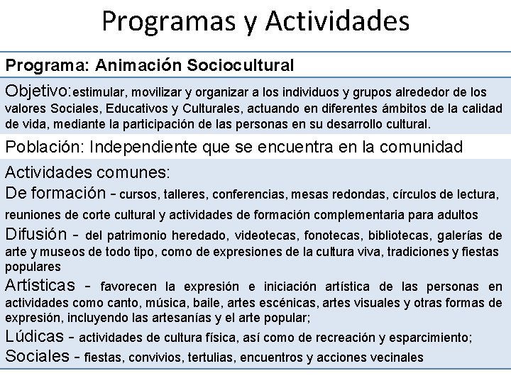 Programas y Actividades Programa: Animación Sociocultural Objetivo: estimular, movilizar y organizar a los individuos