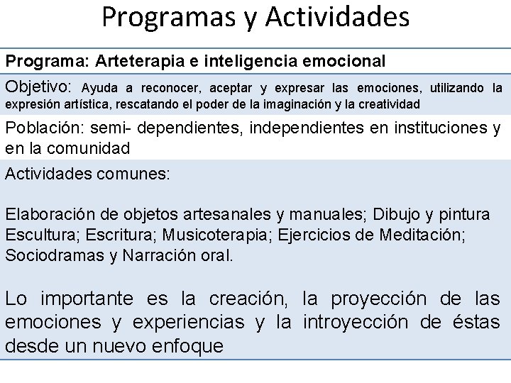 Programas y Actividades Programa: Arteterapia e inteligencia emocional Objetivo: Ayuda a reconocer, aceptar y
