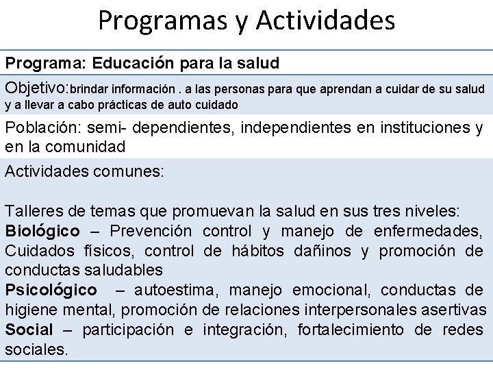 Programas y Actividades Programa: Educación para la salud Objetivo: brindar información. a las personas