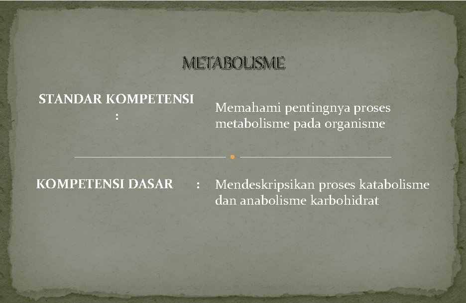 METABOLISME STANDAR KOMPETENSI : KOMPETENSI DASAR Memahami pentingnya proses metabolisme pada organisme : Mendeskripsikan