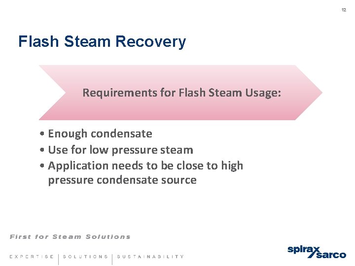 12 Flash Steam Recovery Requirements for Flash Steam Usage: • Enough condensate • Use