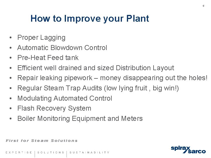 5 How to Improve your Plant • • • Proper Lagging Automatic Blowdown Control