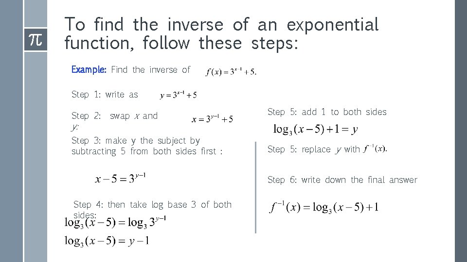 To find the inverse of an exponential function, follow these steps: Example: Find the