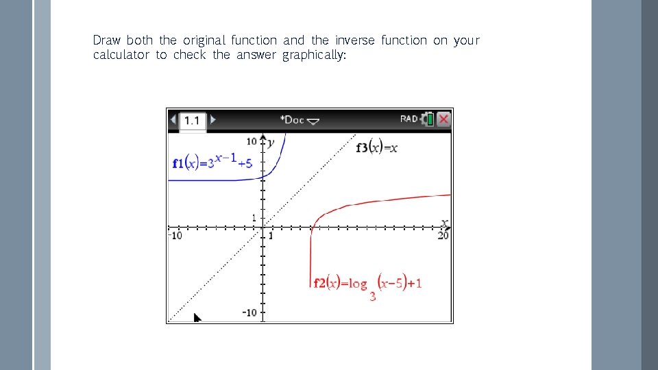 Draw both the original function and the inverse function on your calculator to check